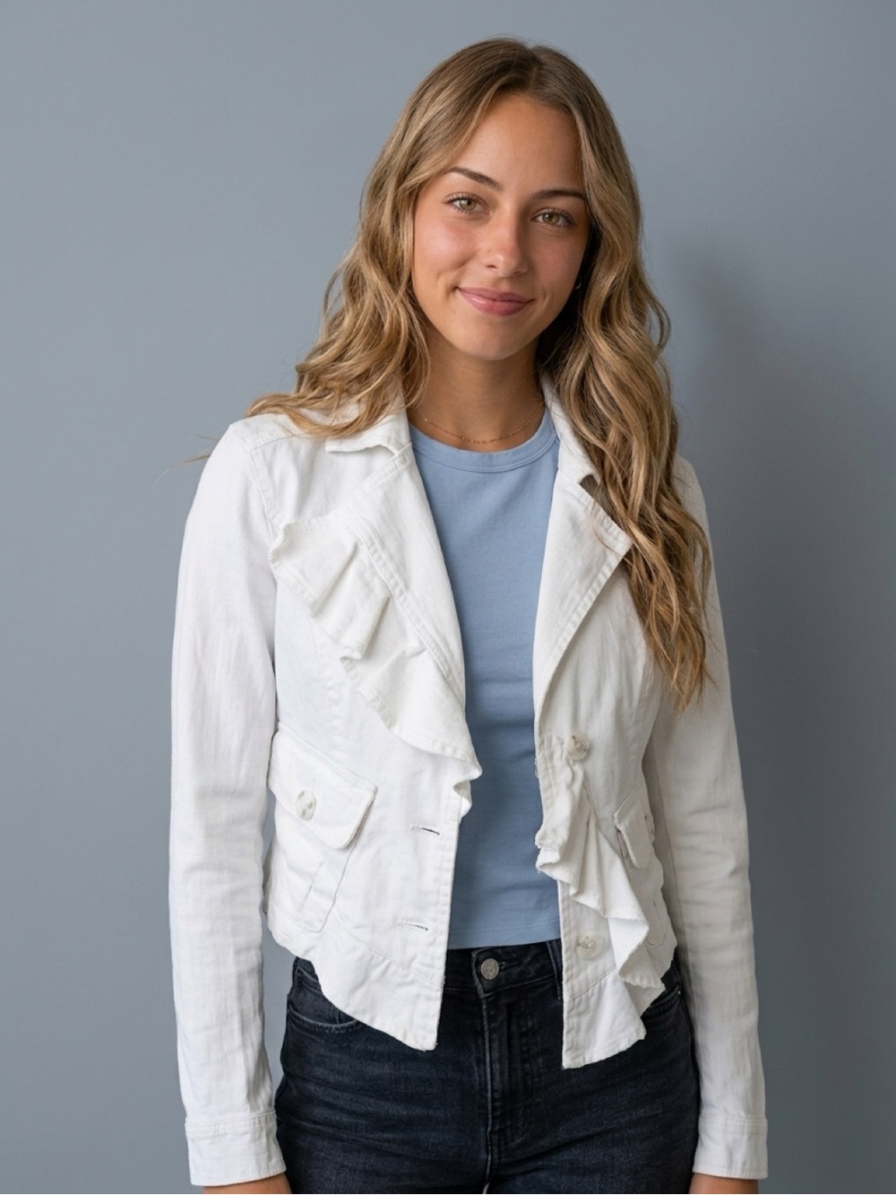 CAbi Preppy Casual Off White Ruffle-Front Cropped Asymmetrical Blazer Jacket